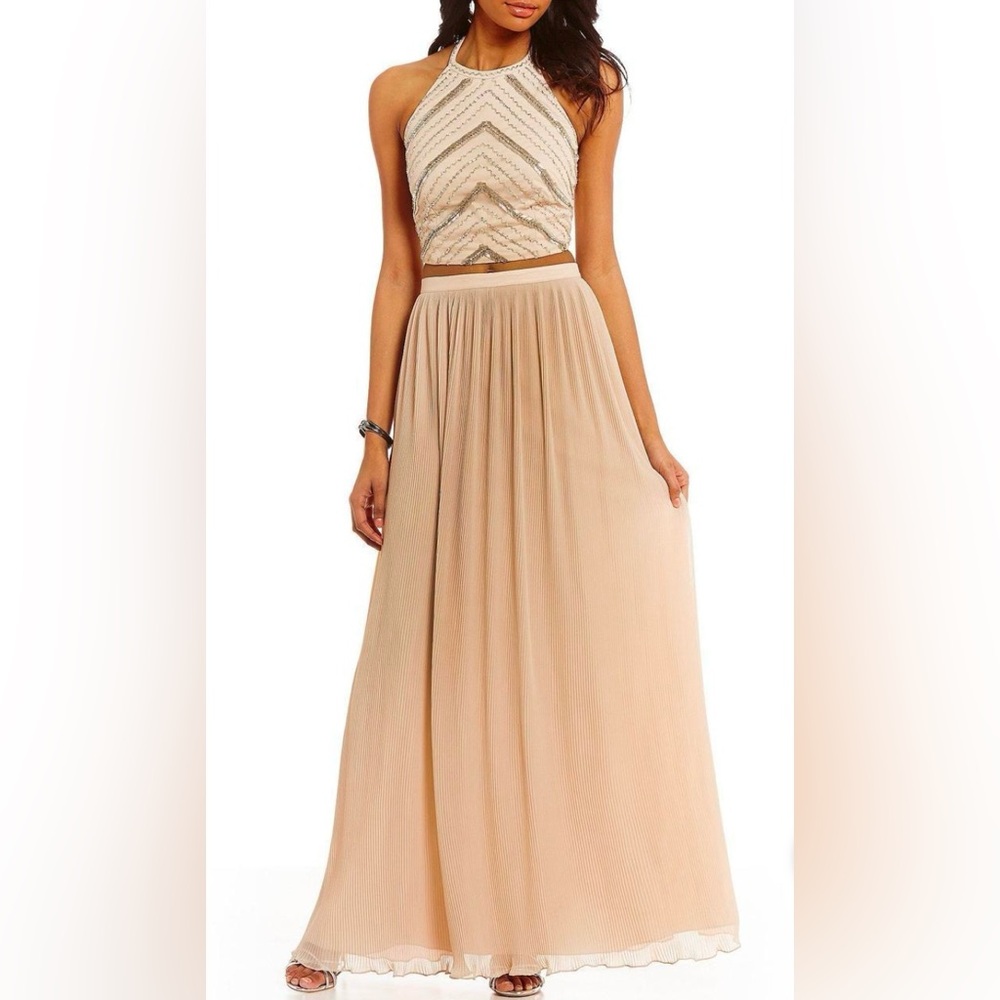 Aidan Mattox - Halter Neck Two-Piece Long Dress Champagne